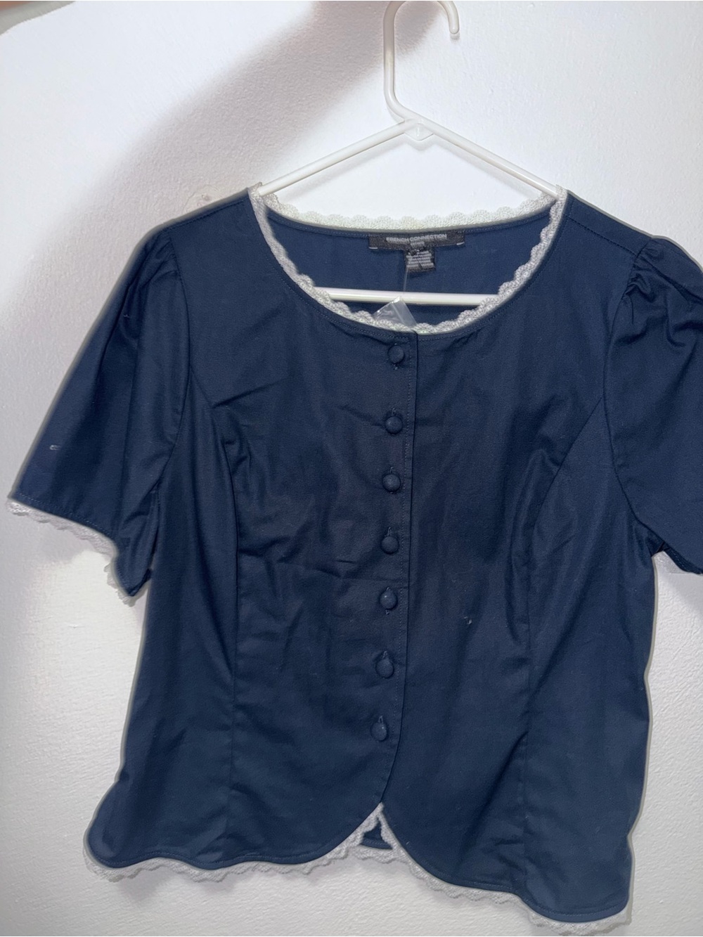 French Connection Navy Short-Sleeve Button Front Top with Cream Trim
